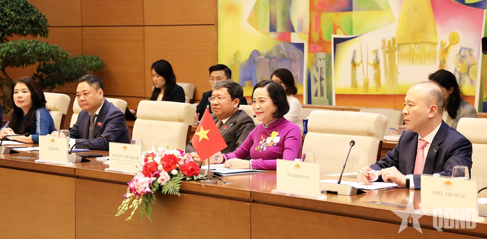 Phó chủ tịch Quốc hội Nguyễn Thị Thanh phát biểu tại cuộc hội đàm. Ảnh: TRỌNG HIỂU