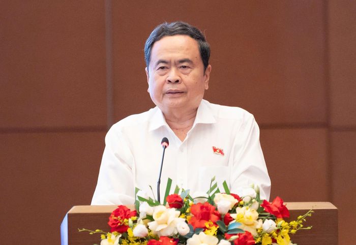 Chủ tịch Quốc hội Trần Thanh Mẫn phát biểu bế mạc hội nghị triển khai thực hiện định hướng lập pháp nhiệm kỳ Quốc hội khóa XVI. Ảnh: VIẾT CHUNG