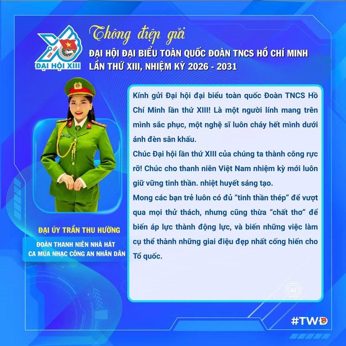 Đại úy Trần Thu Hường - Đoàn Thanh niên Nhà hát Ca múa nhạc CAND mong các bạn trẻ luôn có đủ "tinh thần thép" để vượt qua mọi thử thách nhưng cũng thừa "chất thơ" để biến áp lực thành động lực, biến những việc làm cụ thể thành những giai điệu đẹp nhất cống hiến cho Tổ quốc.