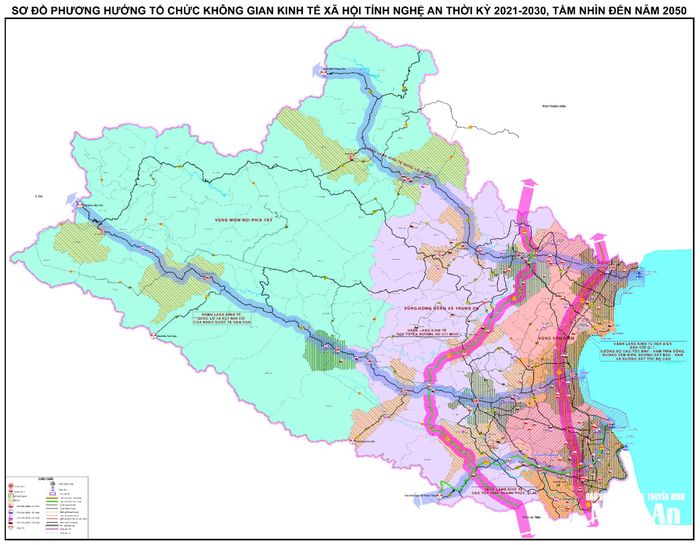 Sơ đồ phương hướng tổ chức không gian kinh tế - xã hội tỉnh Nghệ An thời kỳ 2021 - 2030, tầm nhìn đến năm 2050. Ảnh: Thành Duy
