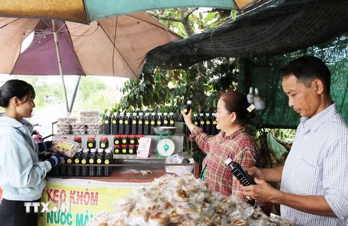 Khách hàng chọn mua sản phẩm làm từ trái dứa ở xã Tân Phước 1, tỉnh Đồng Tháp. (Ảnh: Hữu Chí/TTXVN)