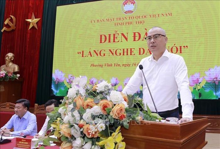 Bí thư Tỉnh ủy Phú Thọ Phạm Đại Dương phát biểu chỉ đạo tại Diễn đàn “Lắng nghe dân nói”. Ảnh: Hoàng Hùng/TTXVN.