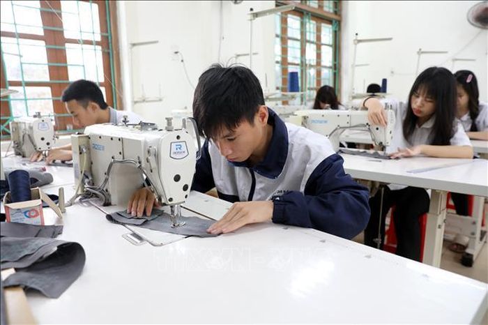 Học sinh học nghề may tại trường Cao đẳng nghề Thái Bình. Ảnh: Thế Duyệt/TTXVN