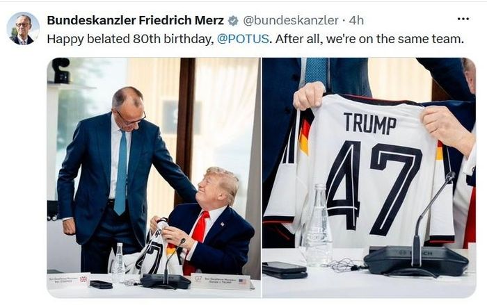 Bài đăng của Thủ tướng Merz trên mạng xã hội X về món quà tặng Tổng thống Mỹ Donald Trump. Ảnh chụp màn hình