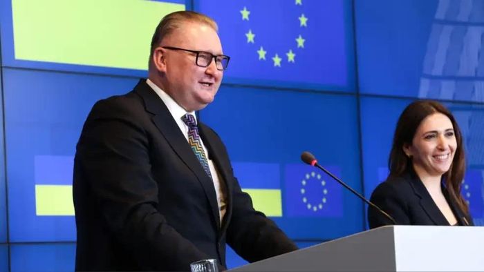 Phó Thủ tướng Ukraine Taras Kachka phát biểu về tiến trình đàm phán gia nhập Liên minh châu Âu (EU). Ảnh: AFP.