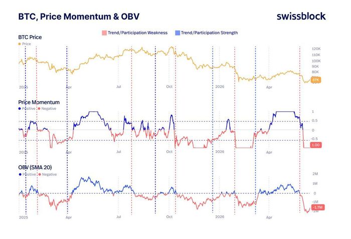 Chỉ số động lượng và OBV vẫn ở mức thấp - Nguồn:Swissblock.