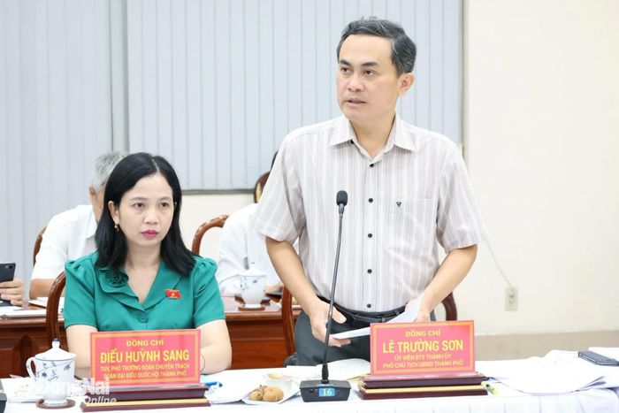 Ủy viên Ban Thường vụ Thành ủy, Phó Chủ tịch UBND thành phố Lê Trường Sơn phát biểu tại buổi làm việc. Ảnh: Hồ Thảo