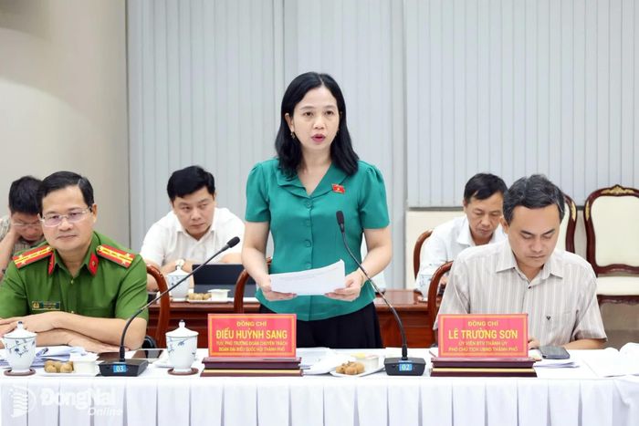 Thành ủy viên, Phó Trưởng đoàn chuyên trách Đoàn đại biểu Quốc hội thành phố Điểu Huỳnh Sang phát biểu tại buổi làm việc. Ảnh: Hồ Thảo