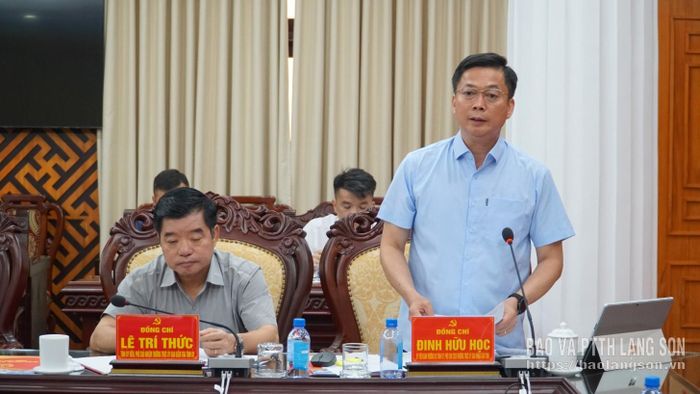 Đồng chí Đinh Hữu Học, Ủy viên Ban Thường vụ Tỉnh ủy, Phó Chủ tịch Thường trực UBND tỉnh phát biểu tại buổi làm việc
