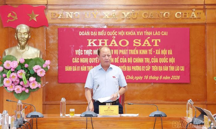 Đồng chí Sùng A Lềnh - Phó Trưởng Đoàn đại biểu Quốc hội chuyên trách tỉnh Lào Cai phát biểu tại buổi khảo sát.