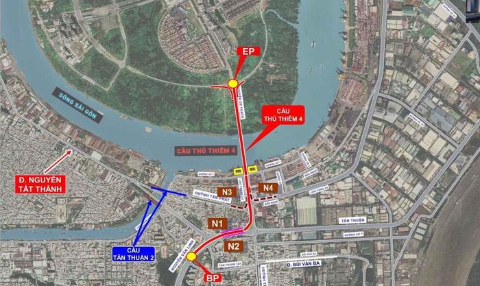 Vị trí hướng tuyến cầu Thủ Thiêm 4. Ảnh: Sở Xây dựng TP. Hồ Chí Minh