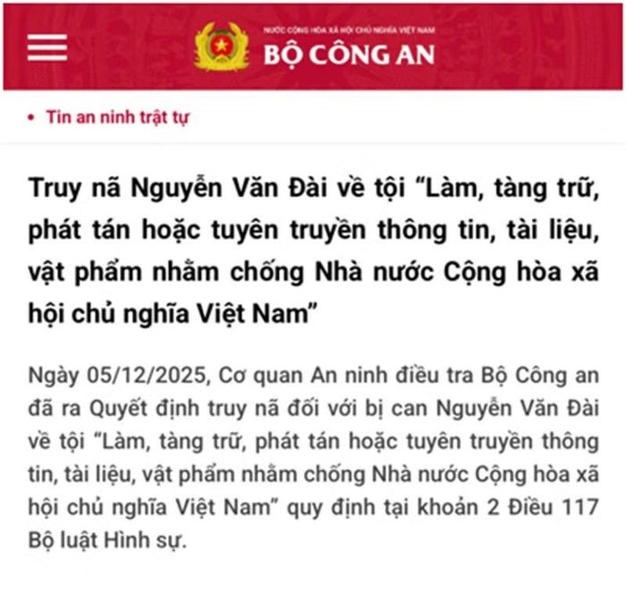 Thông tin truy nã Nguyễn Văn Đài đăng tải trên các phương tiện truyền thông.