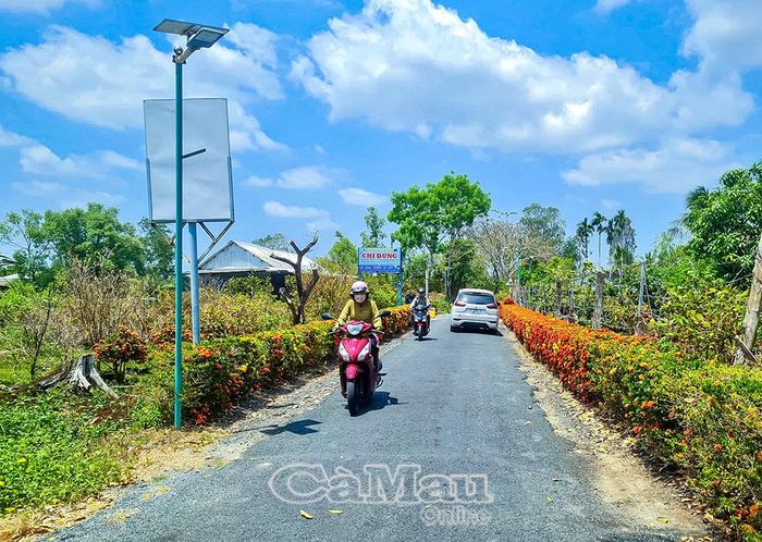 Tuyến đường tại ấp Xóm Mới được lắp đặt hệ thống đèn chiếu sáng, tạo diện mạo khang trang cho vùng nông thôn.