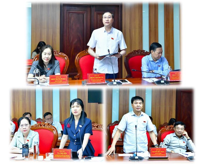 Phó Bí thư chuyên trách Đảng ủy Quốc hội Phùng Khánh Tài, Phó Chủ nhiệm Ủy ban Công tác đại biểu Tạ Thị Yên, Phó Chủ nhiệm Ủy ban Kinh tế và Tài chính Nguyễn Hữu Toàn phát biểu tại Hội nghị. Ảnh: HẢI LY