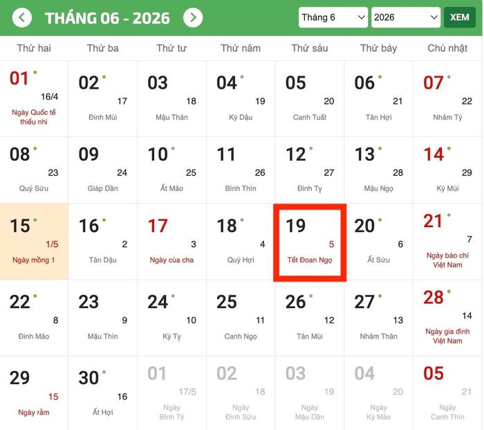 Tết Đoan ngọ 2026 là ngày nào Dương lịch?