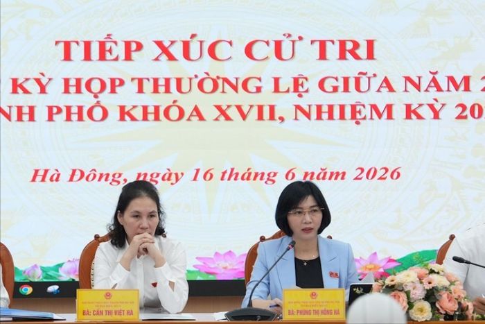Chủ tịch HĐND thành phố Phùng Thị Hồng Hà phát biểu tại hội nghị. Ảnh: Thịnh An