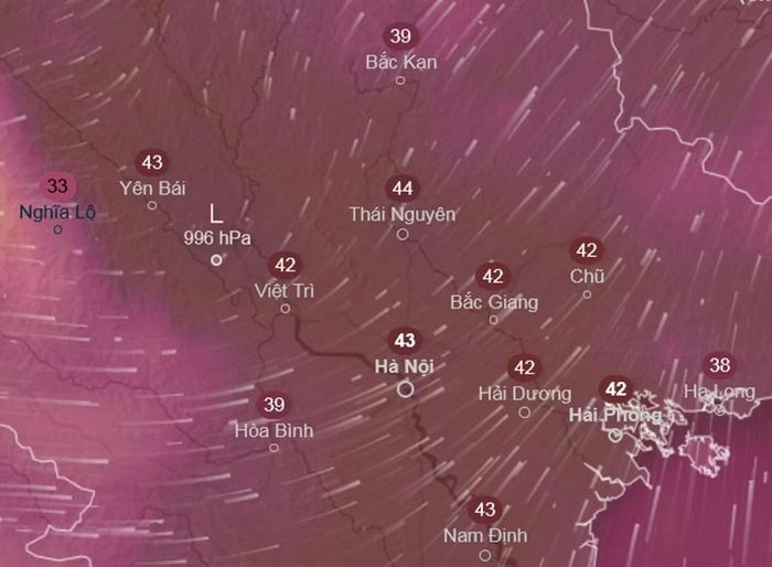 Dự báo nhiệt độ cảm nhận ở một số khu vực tại miền Bắc ngày 23/6, khi có thể có nắng nóng đặc biệt gay gắt. Ảnh: Ventusky, ICON.