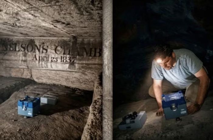 Các nhà nghiên cứu thực hiện đo đạc ở Đại Kim tự tháp. Dòng chữ ở phía bên trái là kỷ niệm ngày các nhà khảo cổ học phương Tây phát hiện ra 4 buồng phía trên. Ảnh: Asem Salama et al./ Scientific Reports.