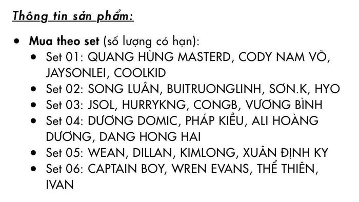 Thông tin sản phẩm chia thành 6 set, nhiều khả năng là 6 đội vòng Live Stage 1.