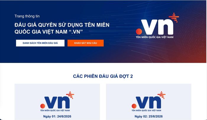 Giao diện cổng thông tin đấu giá tên miền quốc gia ".vn" do Trung tâm Internet Việt Nam (VNNIC) quản lý. Ảnh: Quang Nam.