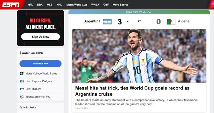 Hình ảnh Messi đang phủ kín các trang báo thể thao thế giới sau cú hat-trick siêu đẳng ngay trận mở màn với Algeria. Ảnh: ESPN.