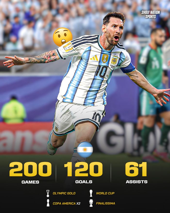  Về mặt thống kê, đây là trận đấu thứ 200 của Messi trong màu áo đội tuyển quốc gia Argentina. Sau hai thập kỷ cống hiến, anh hiện bỏ túi thông số kỷ lục với 120 bàn thắng và 61 đường kiến tạo. Đến thời điểm hiện tại, Messi là cầu thủ đầu tiên góp mặt tại 6 kỳ World Cup trong bối cảnh Ronaldo vẫn chưa ra sân. 