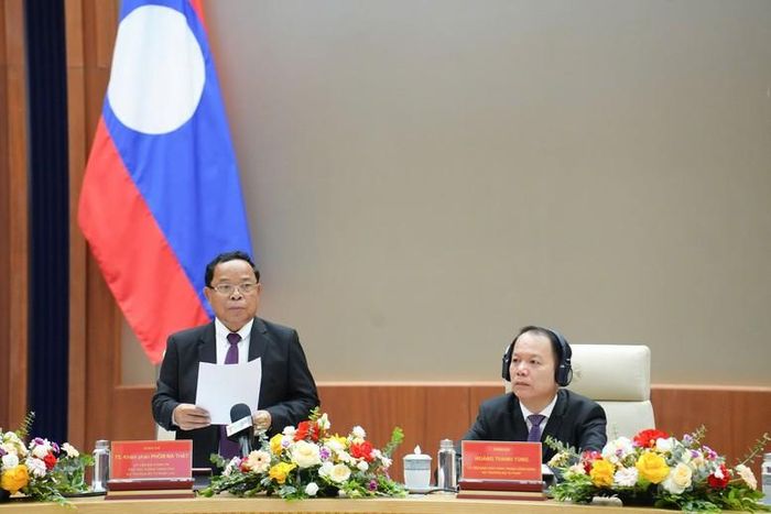 Phó Thủ tướng Chính phủ, Bộ trưởng Bộ Tư pháp Lào Khamphan Phommathat phát biểu tại Hội nghị - Ảnh: baophapluat.vn