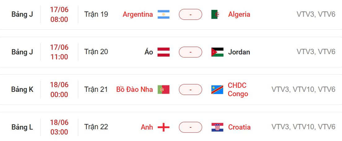  Lịch thi đấu World Cup 2026 sáng 17-6 và rạng sáng 18-6 (giờ Việt Nam). Ảnh chụp màn hình 