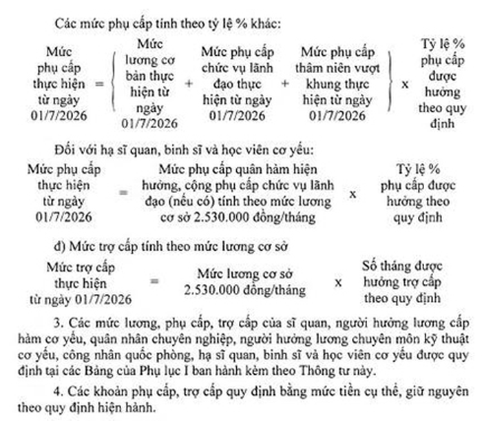 Cách tính tiền lương, trợ cấp và phụ cấp của cán bộ, chiến sĩ từ ngày 1-7-2026. 
