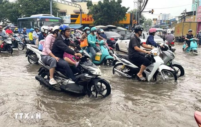 Nước dâng sớm, rút chậm trên đường Phạm Hữu Lầu, kéo dài từ cầu Phước Long đến đường Huỳnh Tấn Phát (Thành phố Hồ Chí Minh) khiến các phương tiện di chuyển chậm, khó khăn. (Ảnh: Hương Giang/TTXVN)