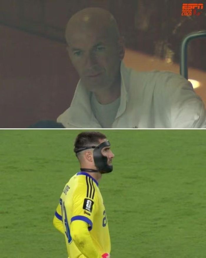 Hình ảnh hai cha con Zidane được ống kính truyền hình chộp được sau khi Messi ghi bàn. Ảnh: LTN.