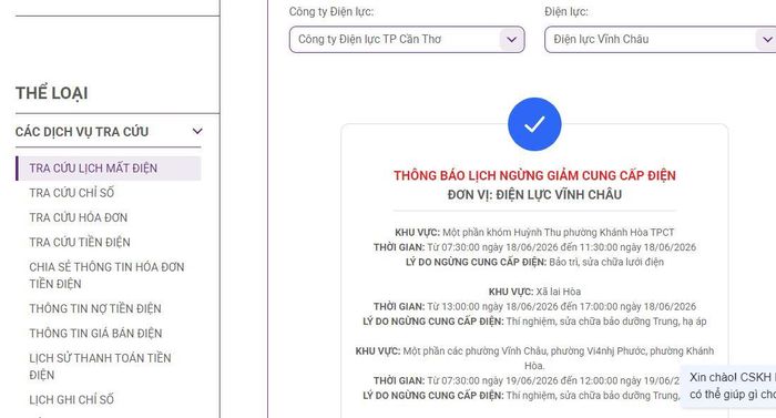 Lịch ngừng cấp điện tại Cần Thơ ngày mai 18/6 được cập nhật ngày 17/6 tại website của EVNSPC. Ảnh: BNEWS phát