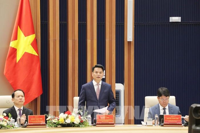 Ủy viên Trung ương Đảng, Bí thư Thành ủy Hải Phòng Lê Ngọc Châu phát biểu tại hội nghị. Ảnh: Mạnh Tú - TTXVN 
