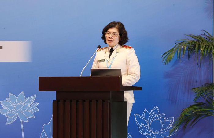 Thiếu tướng Ngô Hoài Thu, Phó Cục trưởng Cục Công tác chính trị, Phó Trưởng ban Vì sự tiến bộ phụ nữ, công tác gia đình và trẻ em Công an nhân dân, phát biểu
