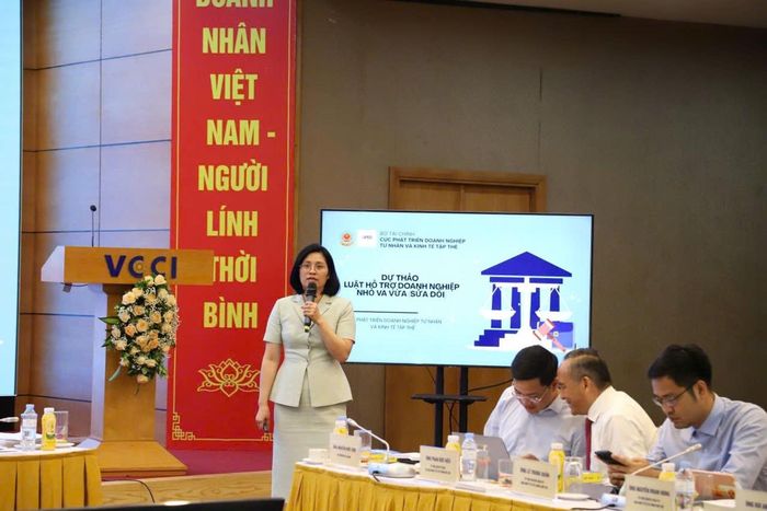 Bà Trịnh Thị Hương, Phó Cục trưởng, Cục Phát triển doanh nghiệp tư nhân và kinh tế tập thể (Bộ Tài chính) trình bày về Dự thảo Luật hỗ trợ doanh nghiệp nhỏ và vừa.