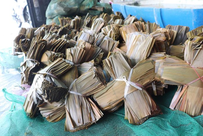 Để có lá kè (lá của cây đót có bông làm chổi) gói bánh, chủ cơ sở phải đặt hàng từ tháng 2. Ảnh: KHÁNH NGÂN