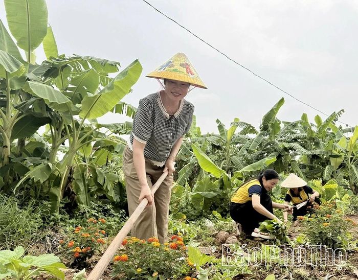 Cán bộ, giáo viên Trường Mầm non Đạo Đức cùng người dân thôn Đại Phúc 2 tham gia dọn dẹp, san lấp mặt bằng, cải tạo khu vực từng là điểm tập kết rác thải tự phát.