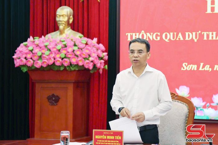 Đồng chí Nguyễn Minh Tiến, Phó Chủ tịch UBND tỉnh, Phó Trưởng đoàn phát biểu tại Hội nghị.