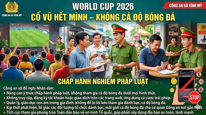  Công an xã Vĩnh Mỹ thiết kế hình ảnh tuyên truyền “Cổ vũ hết mình - Không cá độ bóng đá” bằng trí tuệ nhân tạo (AI).
