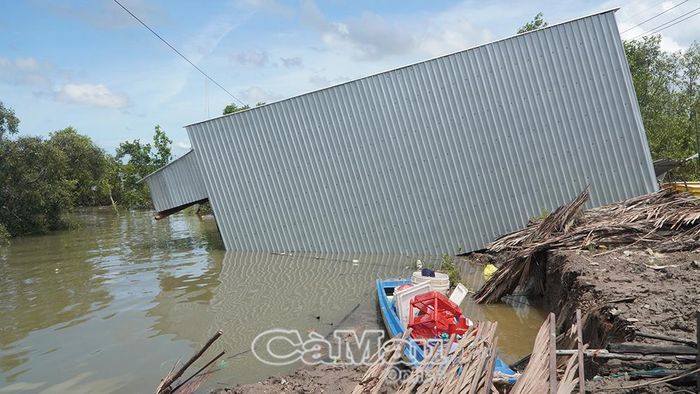 Vụ sạt lở đã làm nhà cửa, tài sản của ông Nguyễn Văn Bảy (ấp Dinh Củ) bị hư hỏng nặng và nhấn chìm xuống sông.