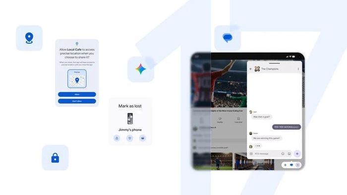 Giao diện Android 17 với chế độ Bubbles và Foldable Gaming Mode, minh họa khả năng đa nhiệm và tối ưu cho thiết bị màn hình gập. (Nguồn: Google)