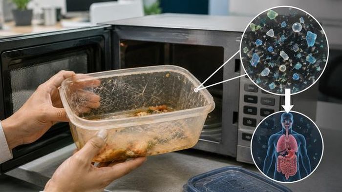 Hâm nóng thực phẩm trong hộp nhựa cũ, trầy xước hoặc không phù hợp với lò vi sóng có thể làm tăng nguy cơ thôi nhiễm các hạt vi nhựa và phụ gia hóa học vào thức ăn.
