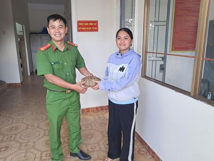 Công an phường 3 Bảo Lộc tiếp nhận cá thể rùa núi vàng. Ảnh: CALĐ.