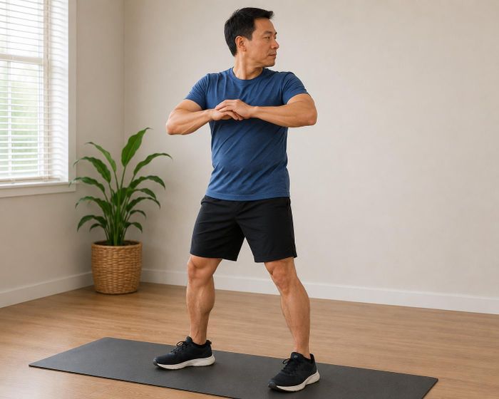Động tác xoay thân khi đứng giúp tăng cường cơ bụng chéo, cải thiện khả năng xoay người và độ linh hoạt của cột sống ngực.