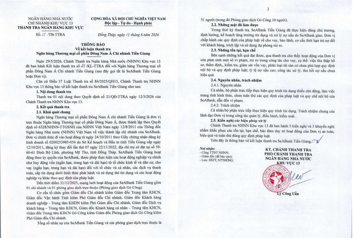 Kết luận thanh tra SeABank Tiền Giang.
