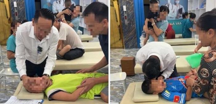 Ông Minh Hiếu nắn chỉnh hàm và kéo tai trẻ trong quá trình can thiệp cho các trẻ chậm nói, chậm phát triển trí tuệ, tăng động (ảnh chụp màn hình).