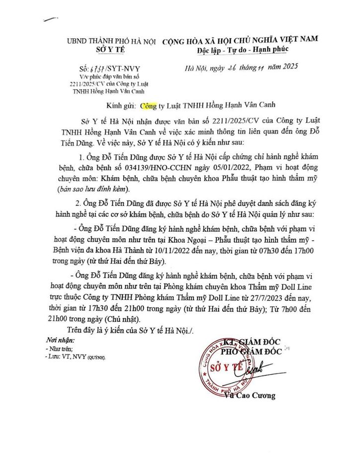 Công văn Sở Y tế Hà Nội xác nhận thời điểm ông Đỗ Tiến Dũng được cấp chứng chỉ hành nghề từ ngày 5.1.2022