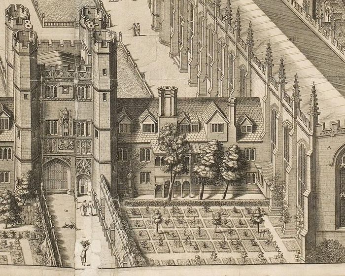 Bản khắc năm 1690 ghi lại hình ảnh khu vườn lịch sử tại Trinity College, nguồn tư liệu quan trọng giúp các chuyên gia phục dựng không gian gắn với nhà thực vật học John Ray. Ảnh: Trinity College Cambridge