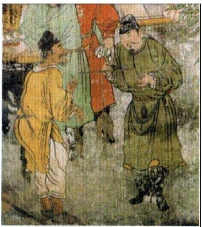 Tranh vẽ trên tường thời Minh cảnh cân cá ngoài chợ với quả cân rất giống quả cân đào được