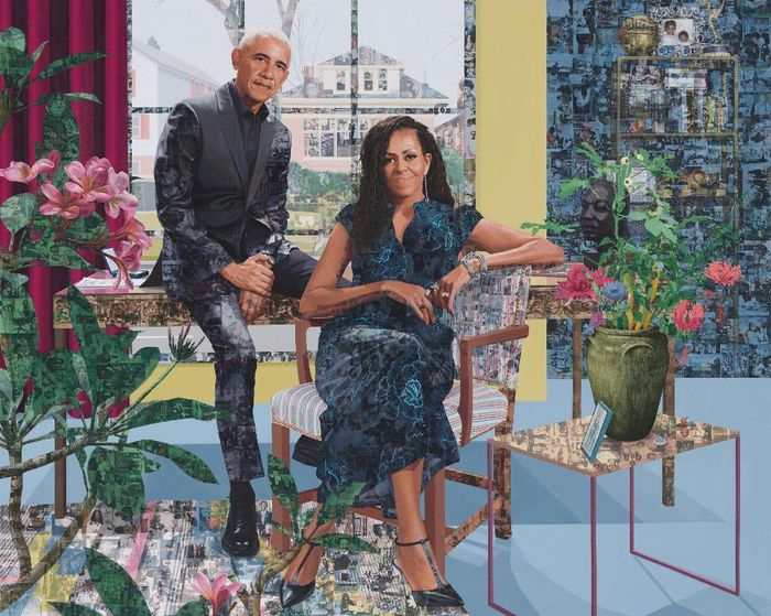 Họa sĩ Njideka Akunyili Crosby mang đến một tác phẩm đa chất liệu khắc họa Barack và Michelle Obama